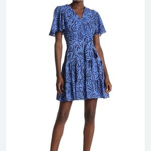 Eliza J Dress Womens 6 Periwinkle Blue Zebra Stripe Tiered Ruffle Short Sleeve